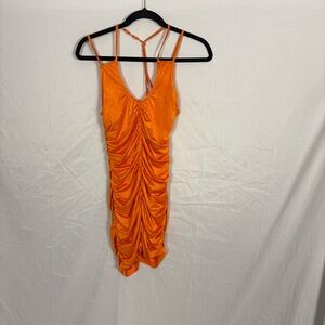 Superdown Neon Orange Ruched Women's Mini Dress with Halter Neckline Sz XS